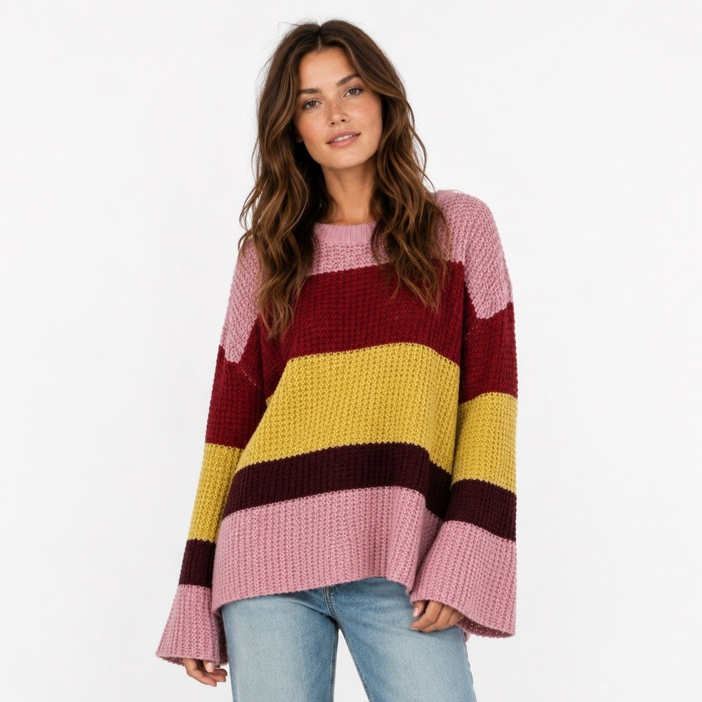 Cloudwalk Bell Sleeve Striped Knit Sweater Pink Red Yellow Boho Slouchy Size M